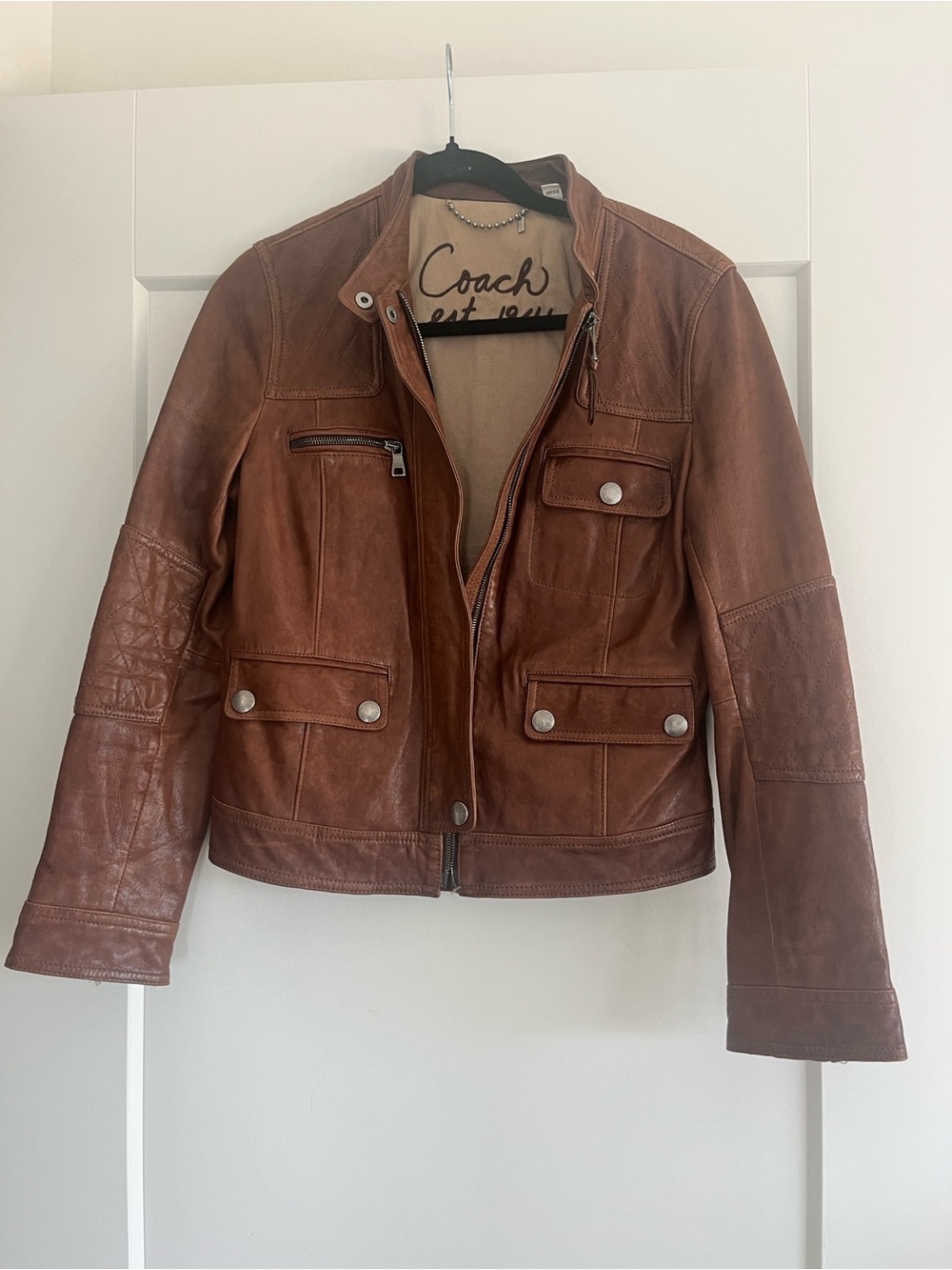 Coach Women's Cognac Brown Leather Moto Jacket